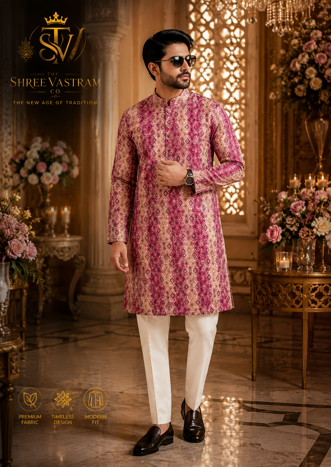 ShreeVastram Crimson Geometric Heritage Brocade Kurta Set